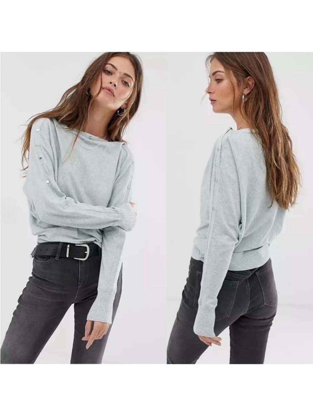 AllSaints Ellie Snap Detail Sweater Boat Neck Off Shoulder Studded Dolman Sleeve